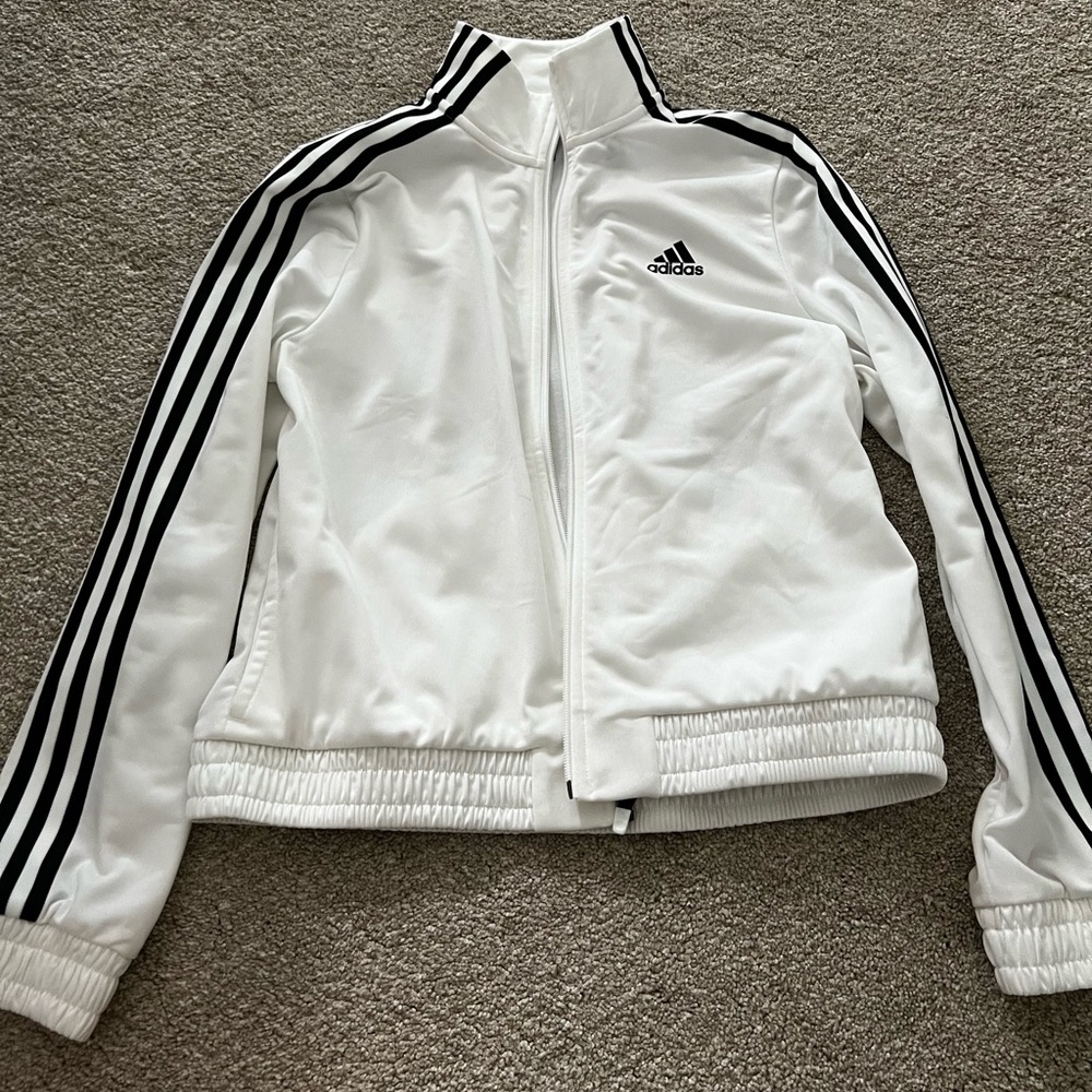White Adidas Three Stripe Sleeve Jacket
